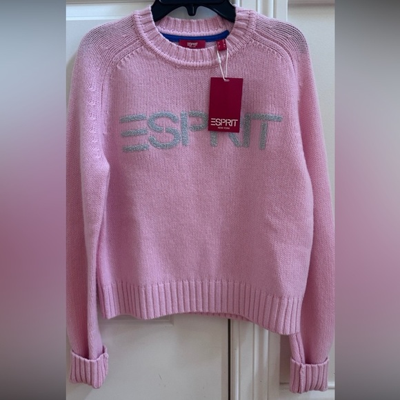 Esprit Knit Sweater Pullover Pink Silver Logo Crew Neck Long Sleeve XS $239 - Picture 1 of 7